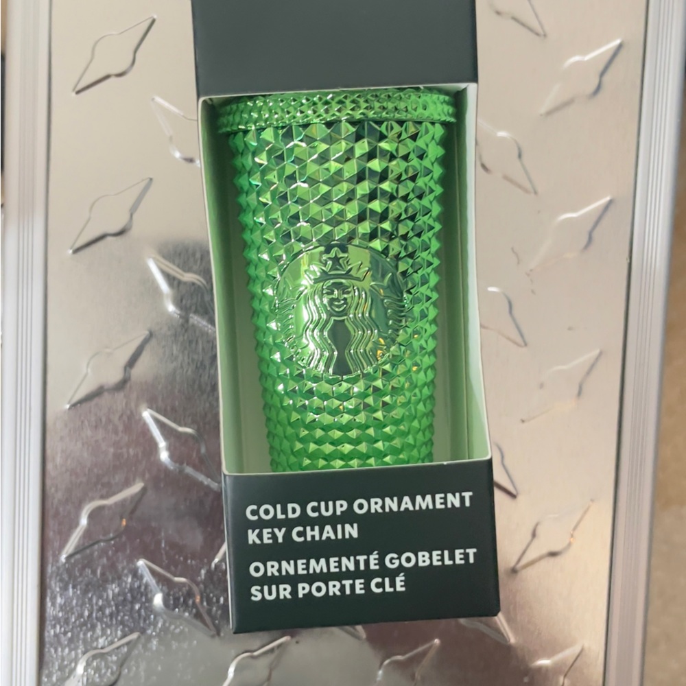 NWT STARBUCKS COLD CUP KEYCHAIN/ORNAMENT STUDDED/METALLIC GREEN